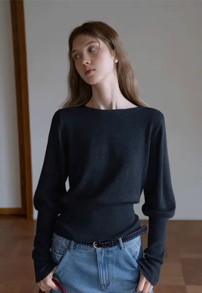 Casual Basic Knitwear, Classic Round Neck Long Sleeve Top
