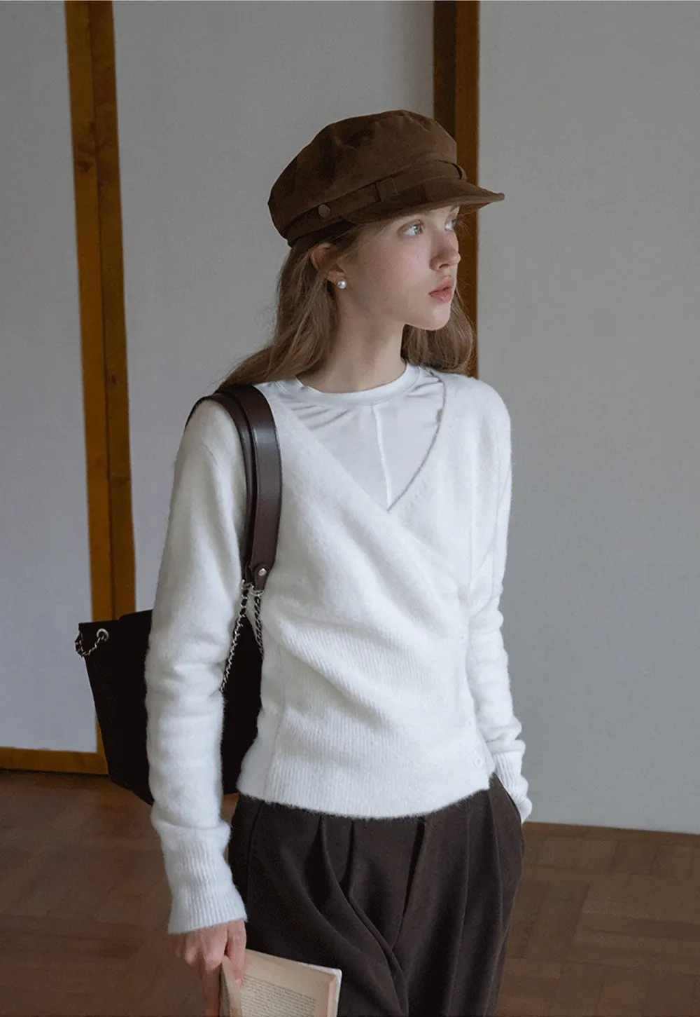 Womens White V-Neck Cardigan