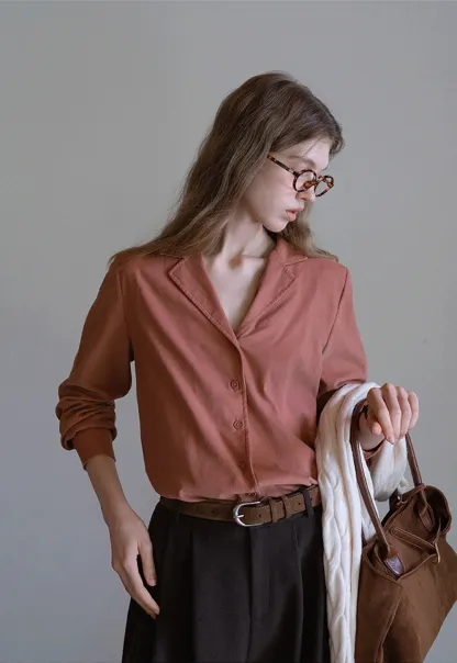 Womens Classic Lapel Collar Long Sleeve Blouse