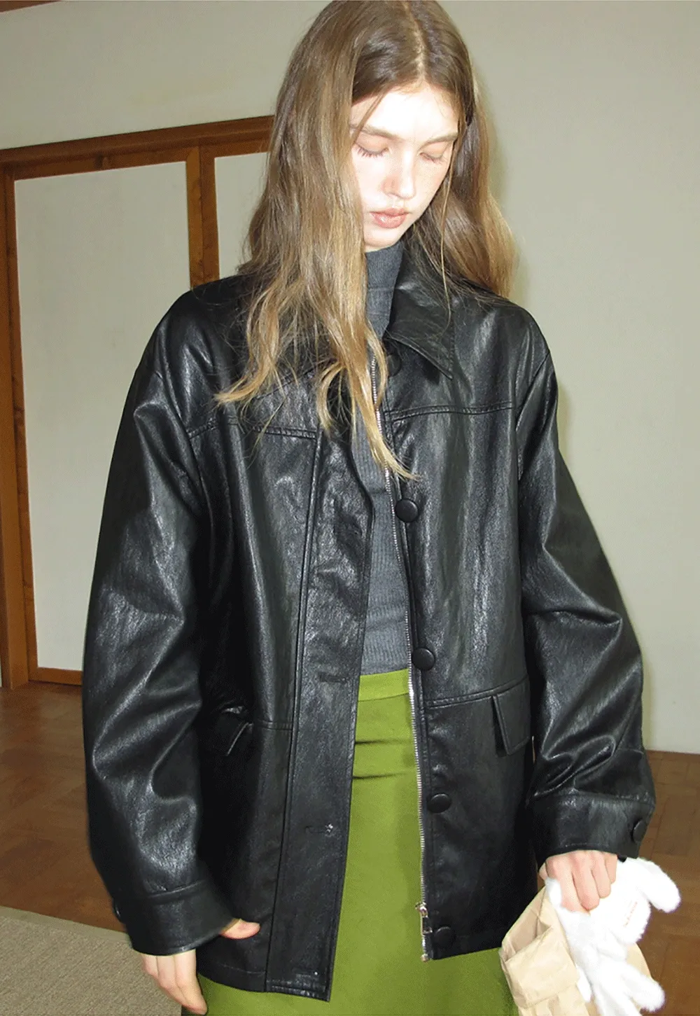 Womens Black Faux Leather Jacke