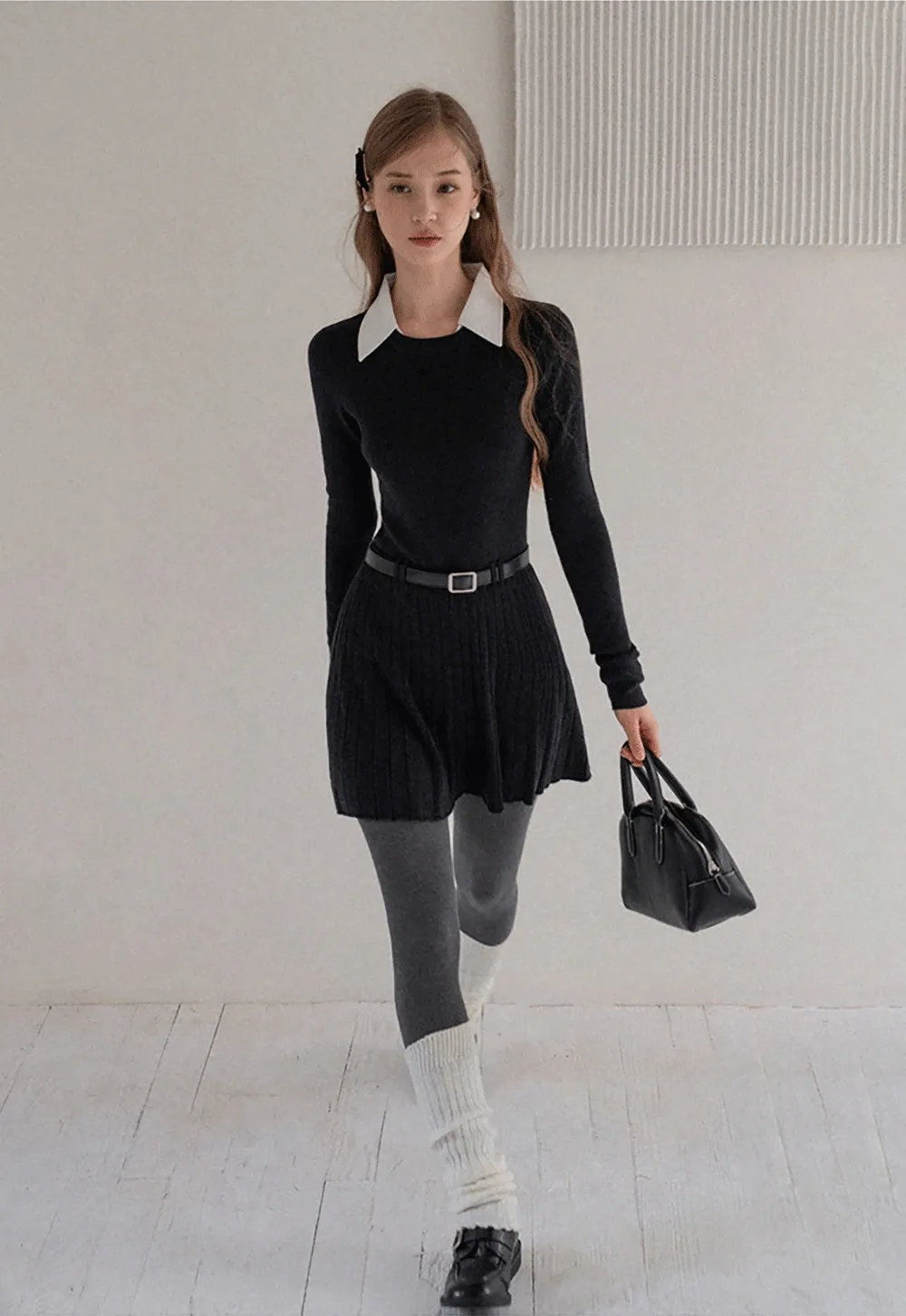 Women Black Sweater Dress with White Collar and Belt