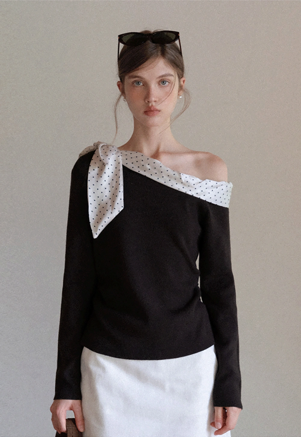 Womens Polka Dot Scarf Neck Long Sleeve Top