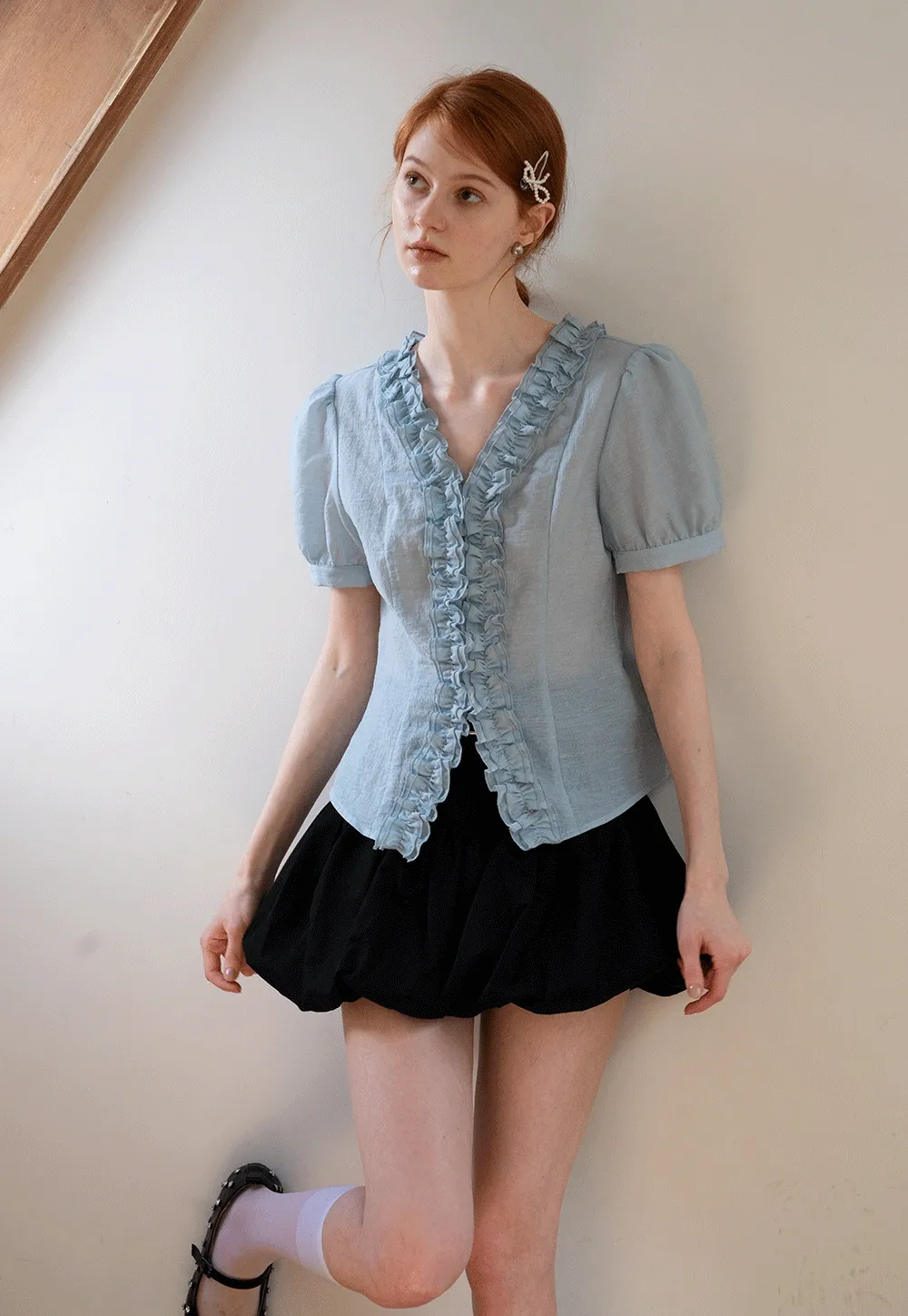 Women’s Ruffled V-neck Short Sleeve Blouse
