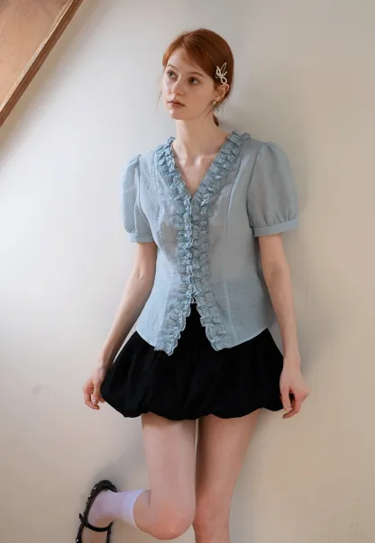 Women’s Ruffled V-neck Short Sleeve Blouse