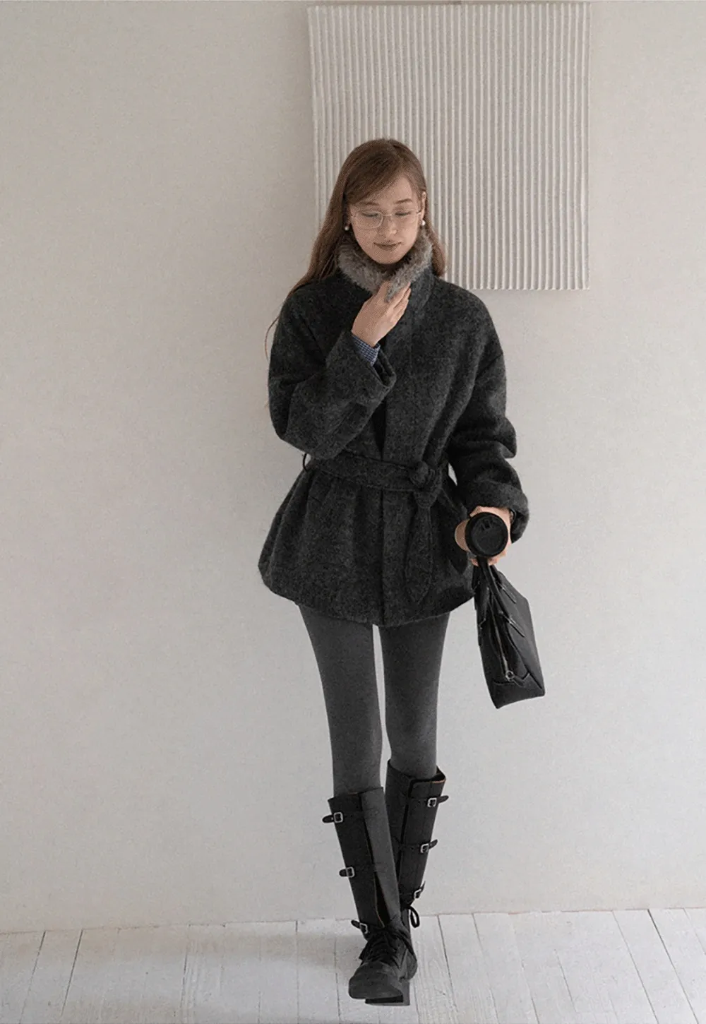 Women Cozy Faux Fur Lapel Wool Coat