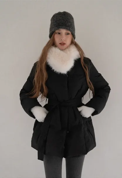 Belted Down Coat with Faux Fur Collar