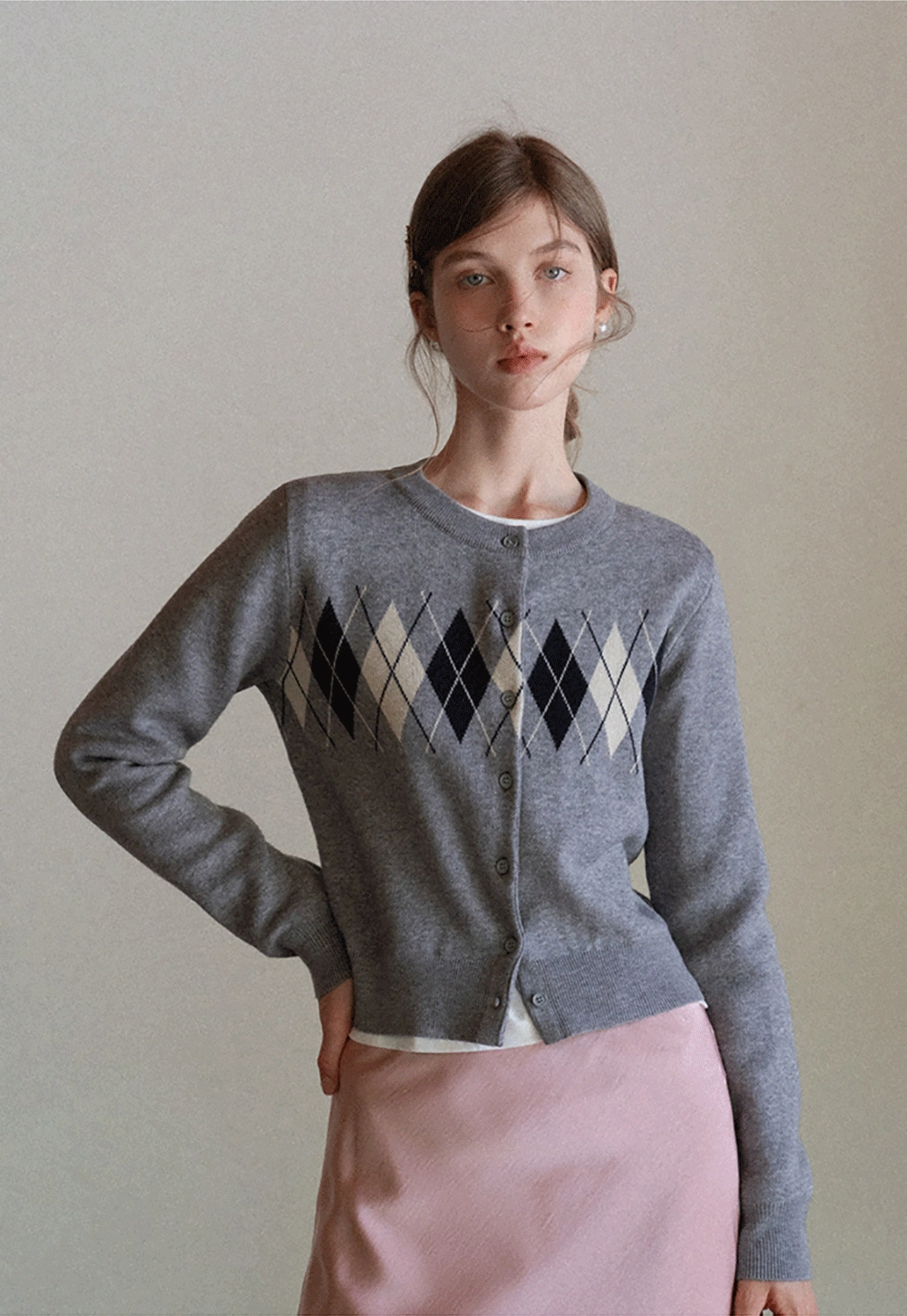 Women Vintage Argyle Pattern Knit Cardigan