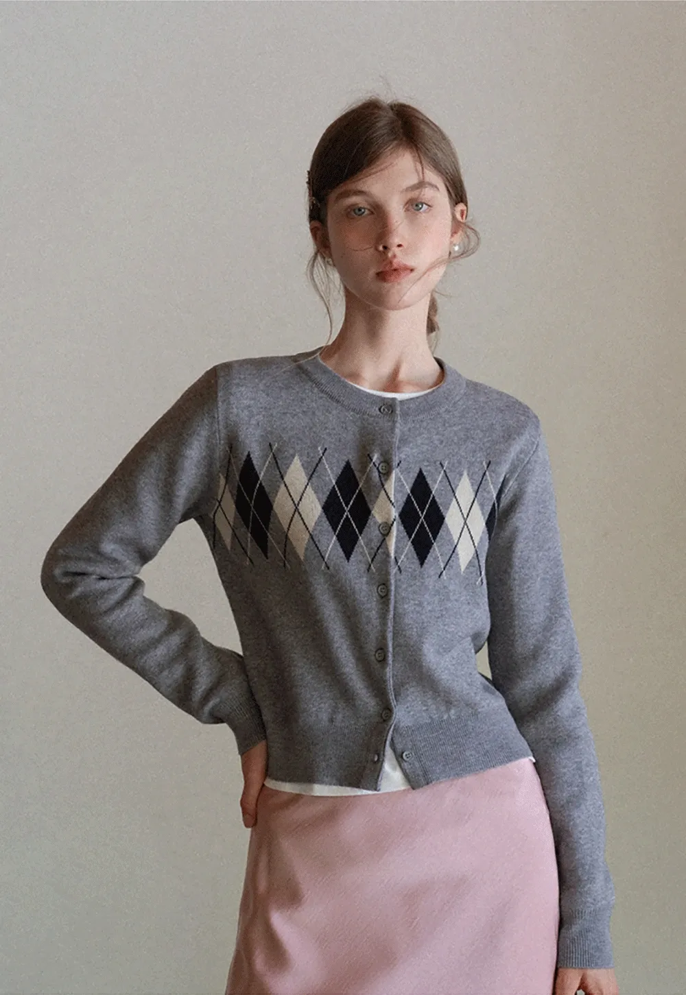 Women Vintage Argyle Pattern Knit Cardigan