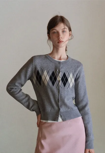 Women Vintage Argyle Pattern Knit Cardigan