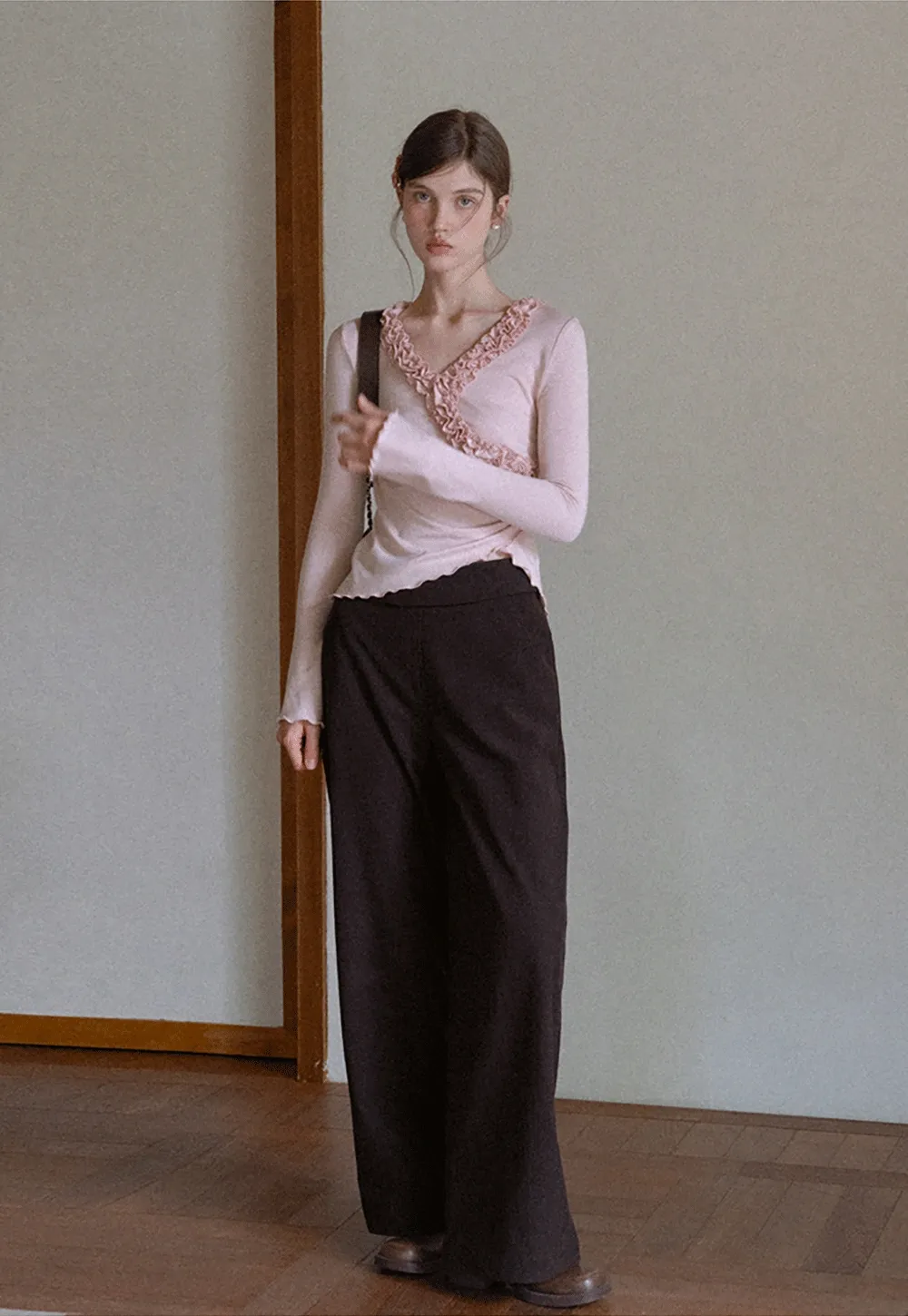 Ruffled V Neck Slim Fit Long Sleeve Tee