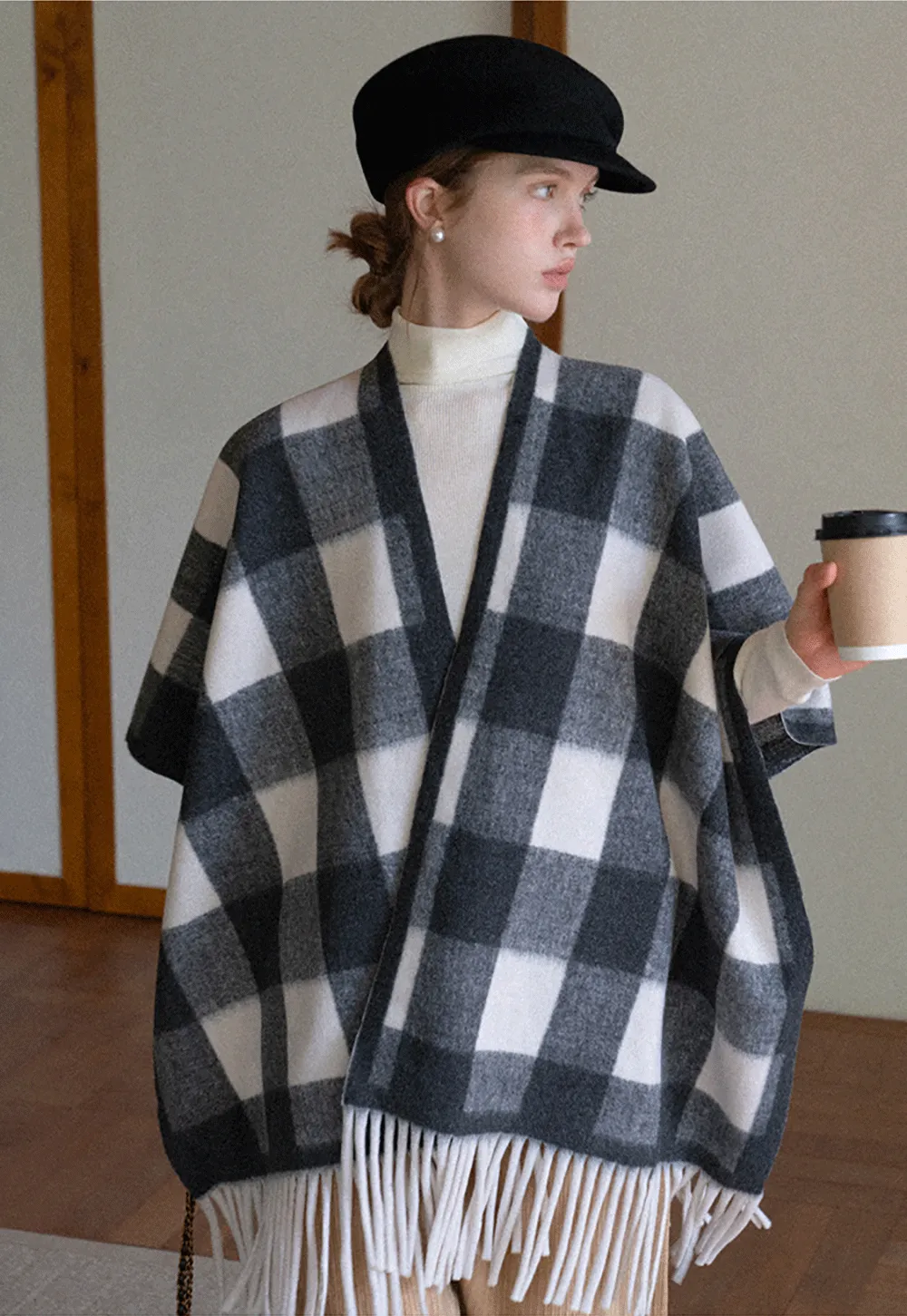 Checked Fringe Poncho