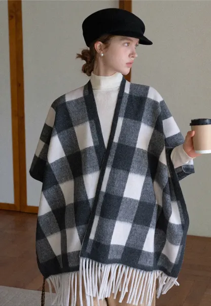 Checked Fringe Poncho