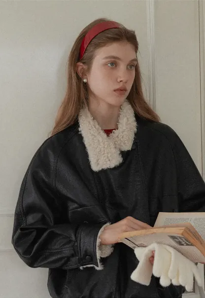 Faux Leather Jacket with Shearling Collar