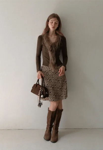 Women Faux Fur Collar Long Sleeve Knit Top