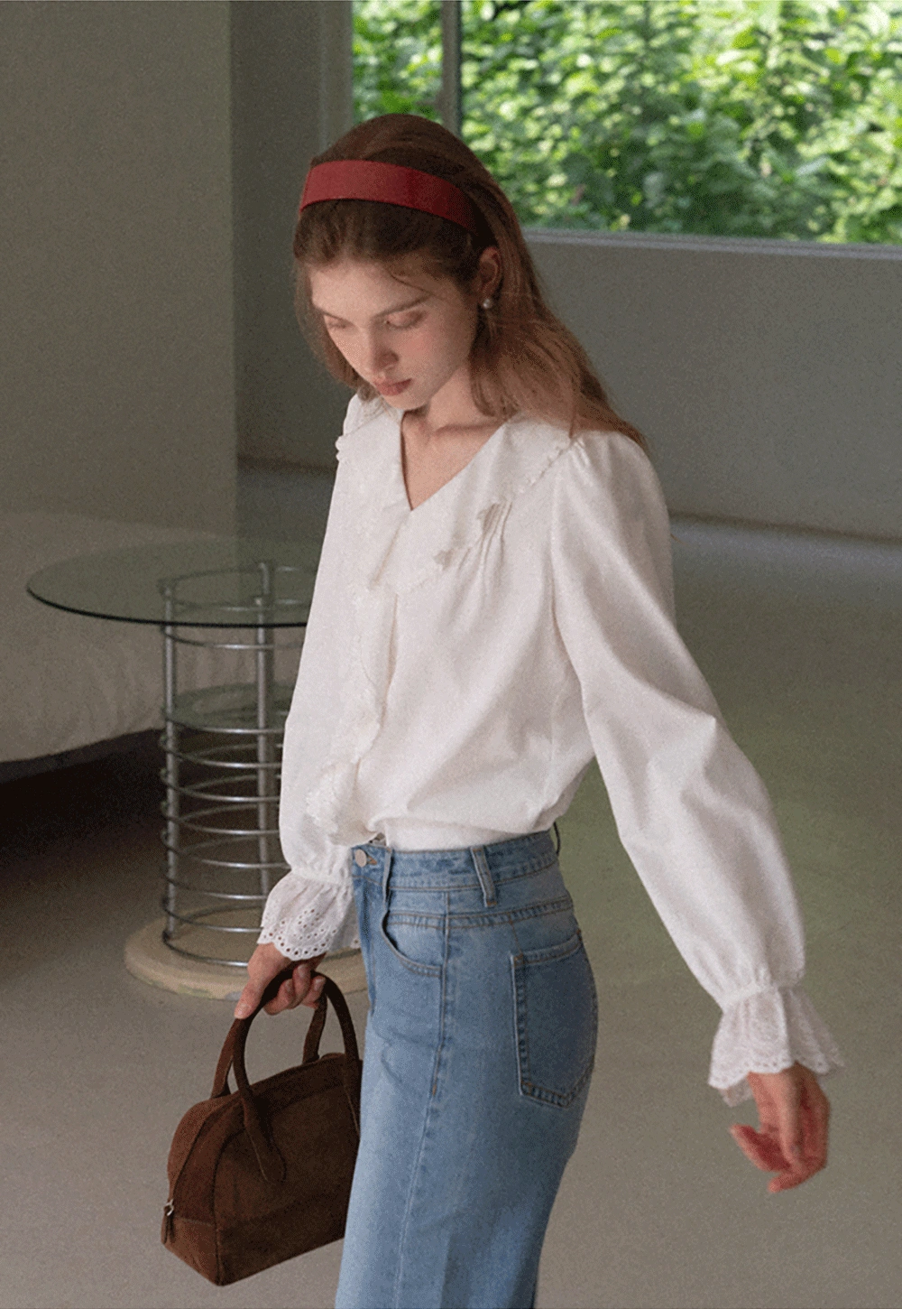 Women Ruffle Lace V Neck Long Sleeve Blouse