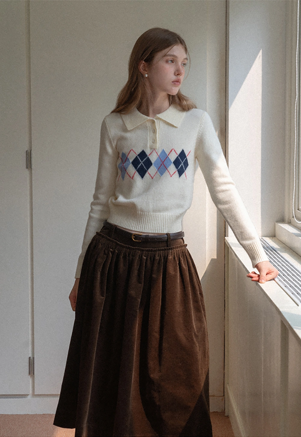 Women Argyle Knit Sweater Collared Long Sleeve Top