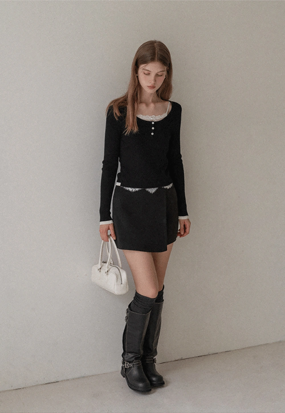 Women Lace Trim Knit Top Long Sleeve Elegant Style