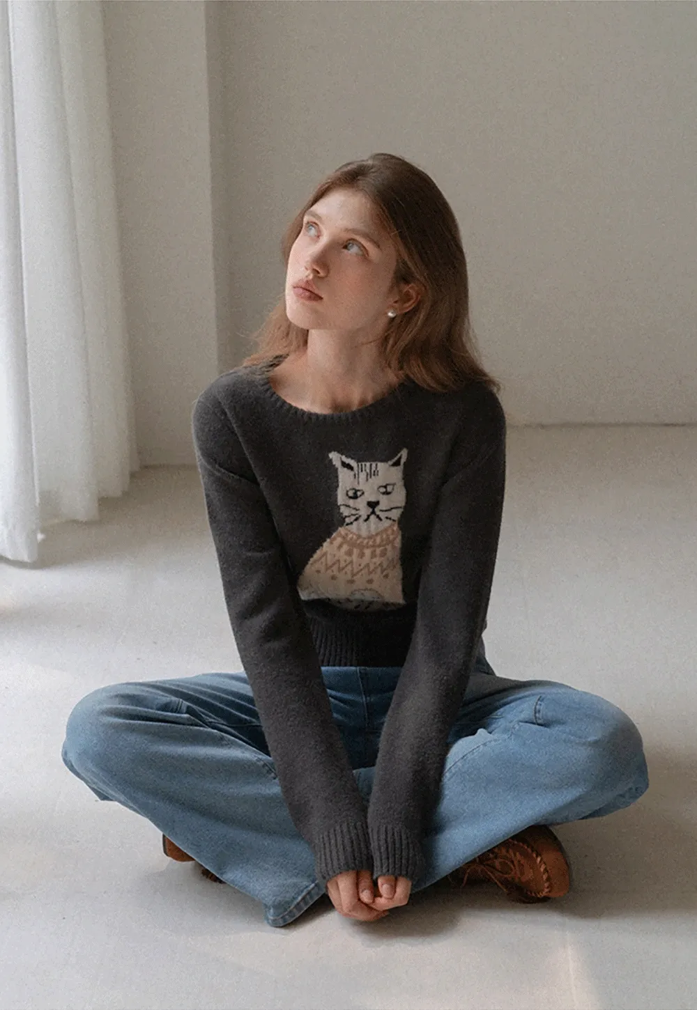 Women Cat Pattern Knit Sweater Cute Pullover Top