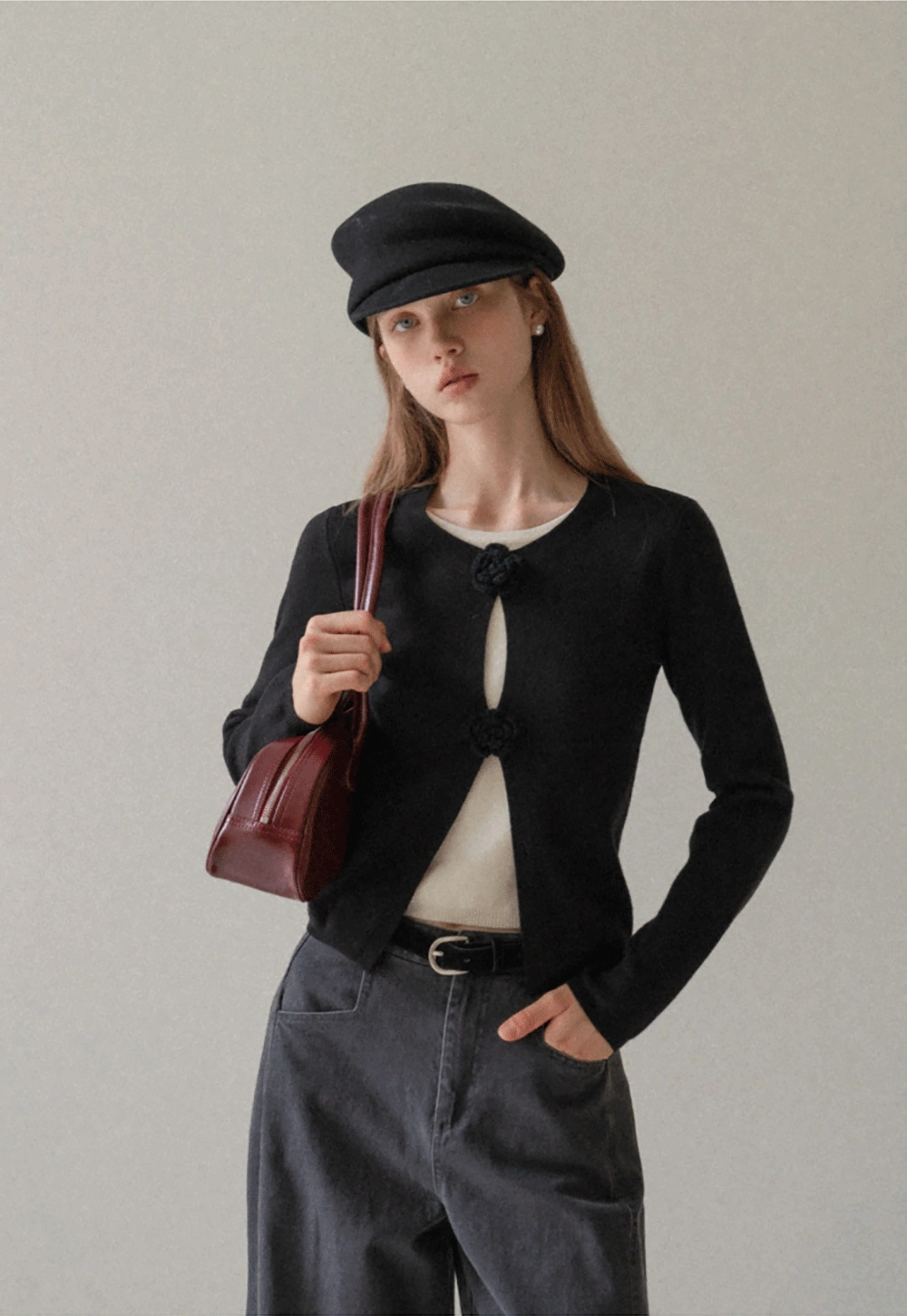 Women Knit Cardigan with Flower Button Vintage Style