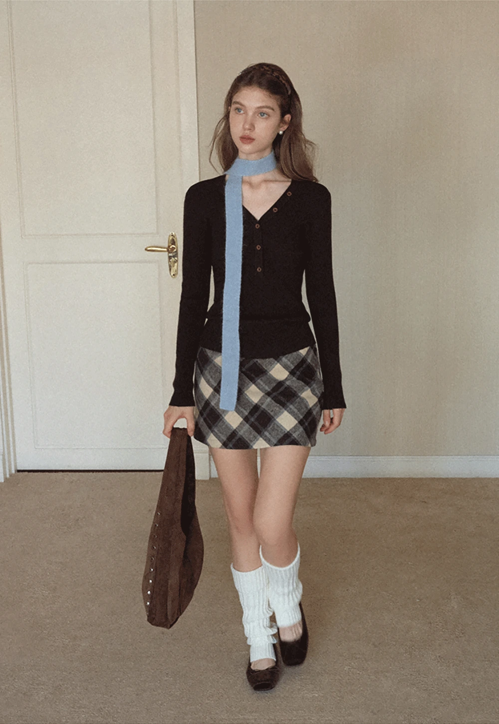 Womens Ribbed Long Sleeve V-Neck Button Top