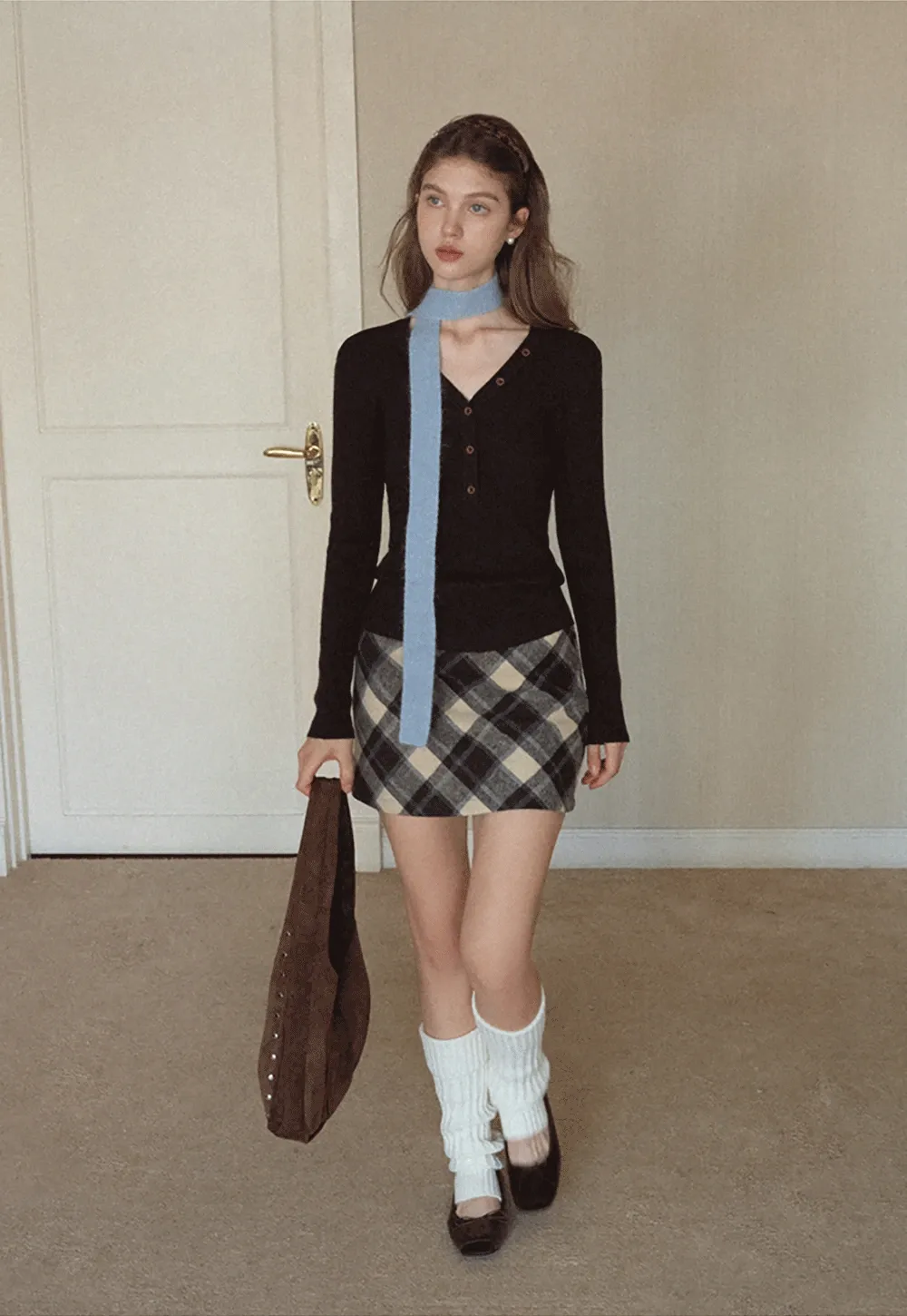 Womens Ribbed Long Sleeve V-Neck Button Top