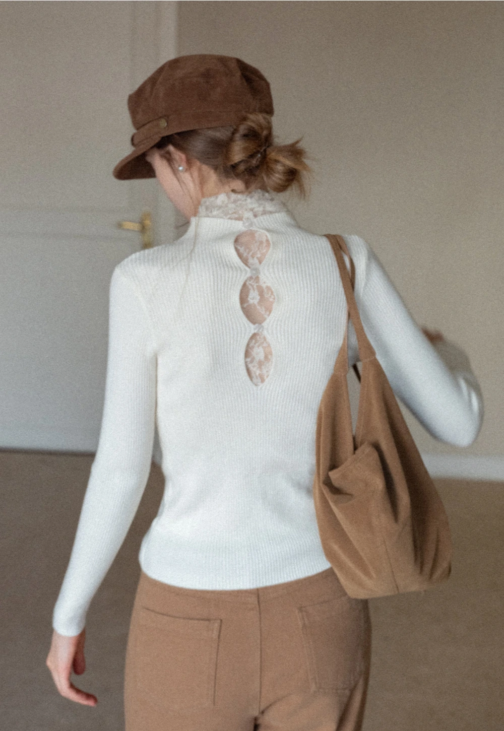 Womens Ribbed Mock Neck Top with Lace Buttons