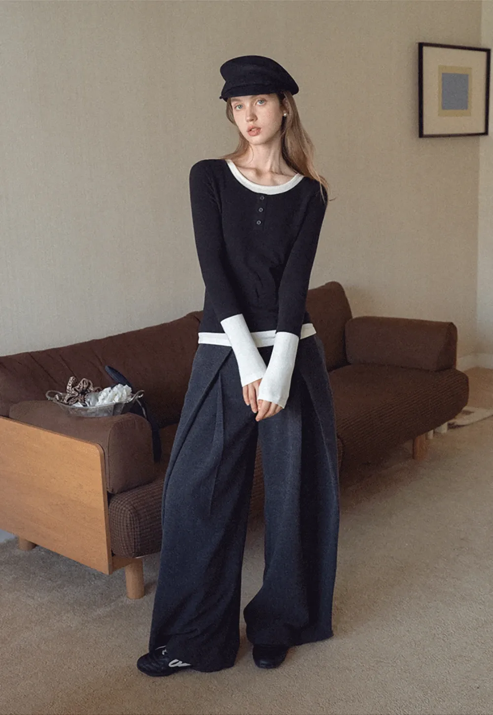 Womens Colorblock Long Sleeve Henley Top