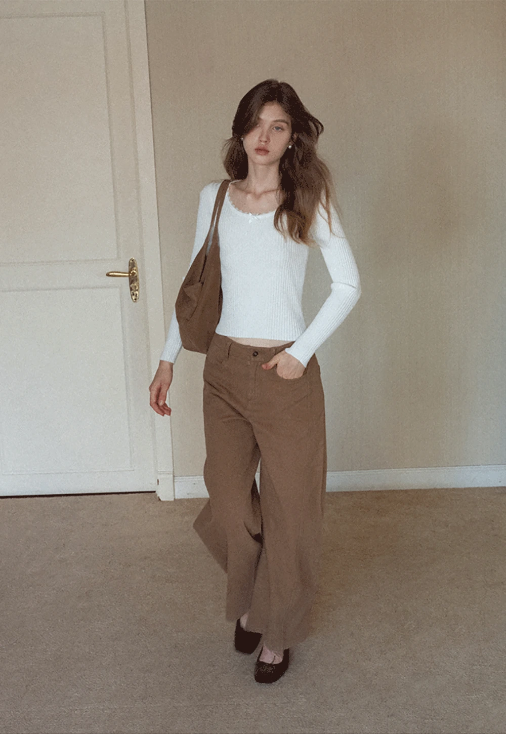 Womens Ribbed Long Sleeve Top with Bow Detail