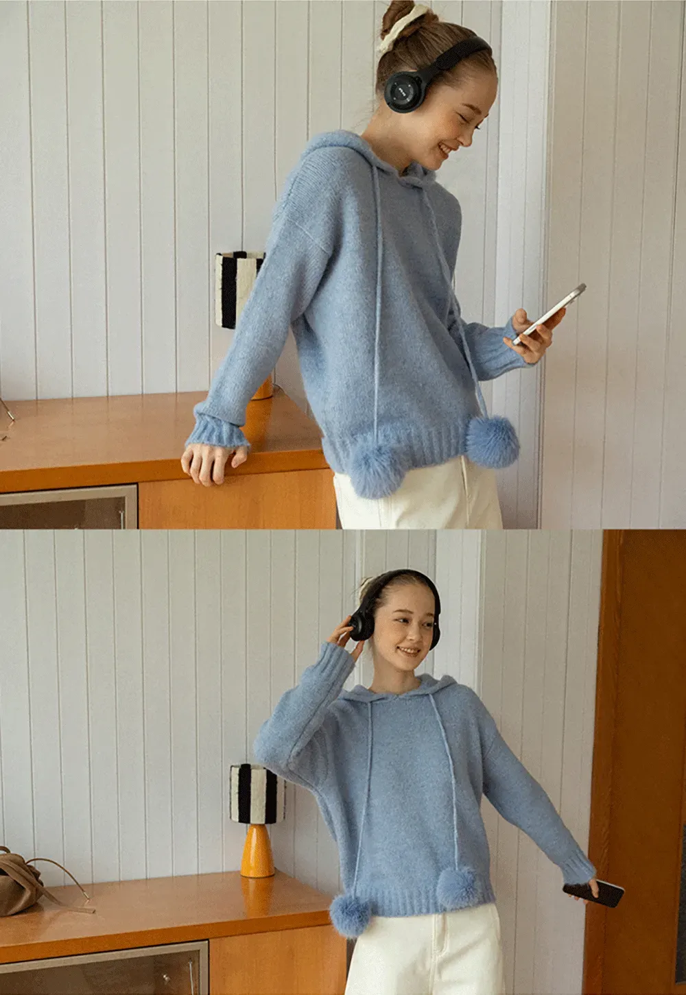 Pom-Pom Hooded Knit Sweater