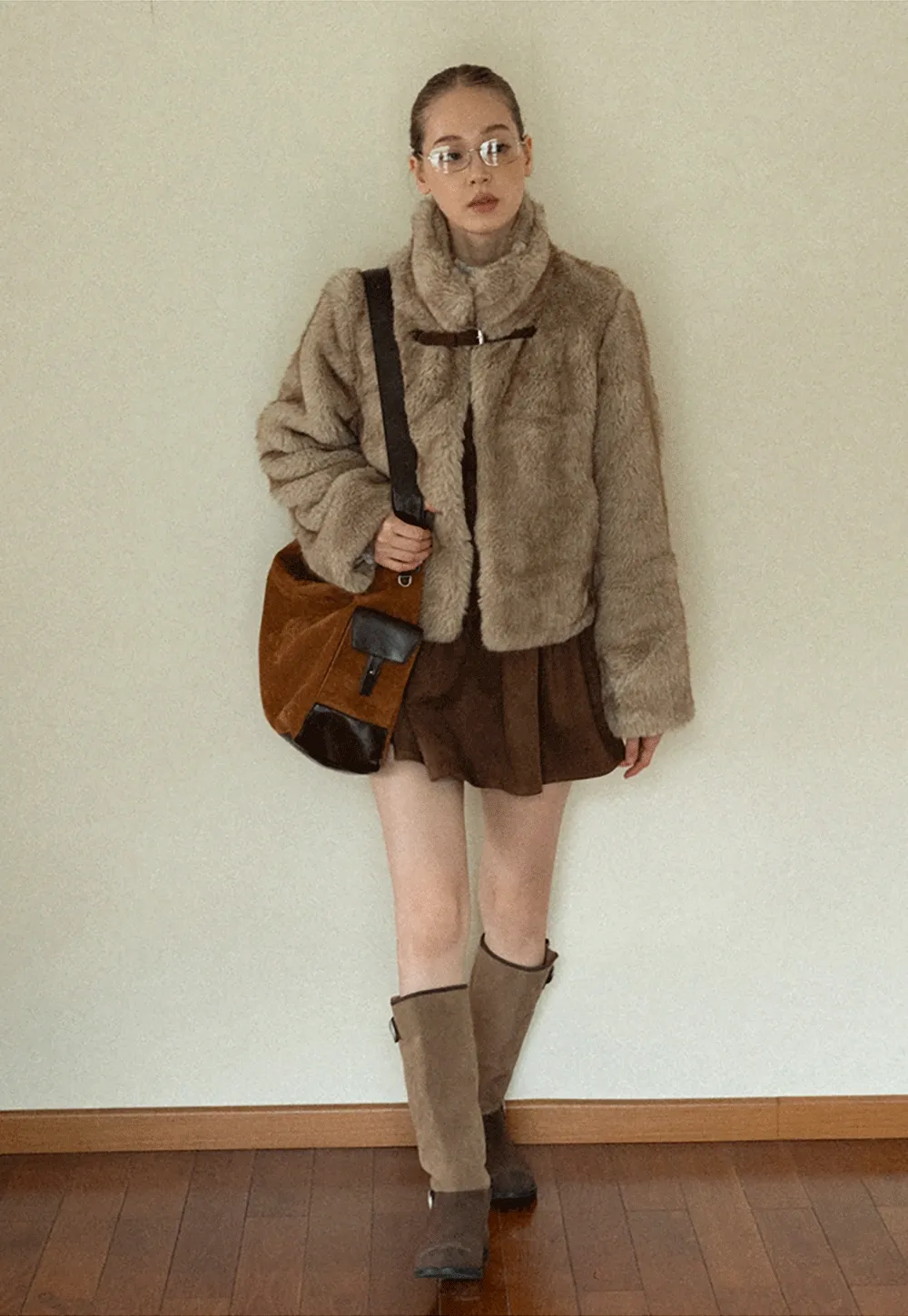 Women Faux Fur Cropped Jacket with Buckle Closure