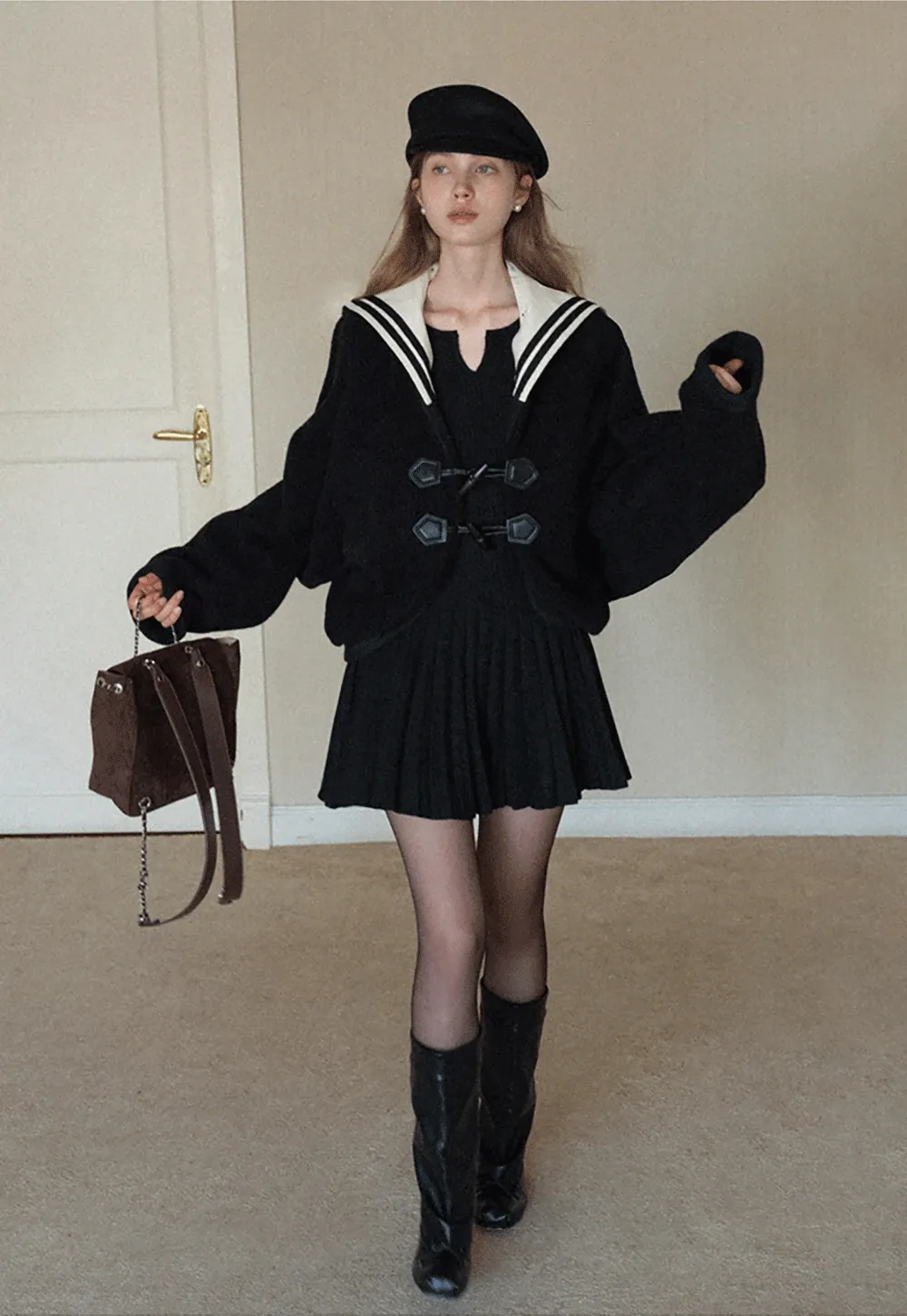 Stylish Black Woolen Coat with Sailor Collar