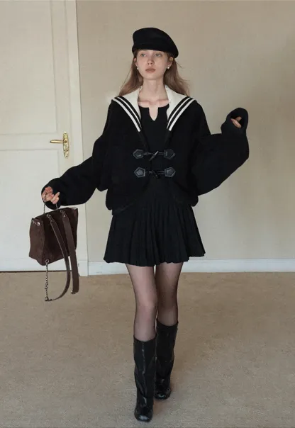Stylish Black Woolen Coat with Sailor Collar