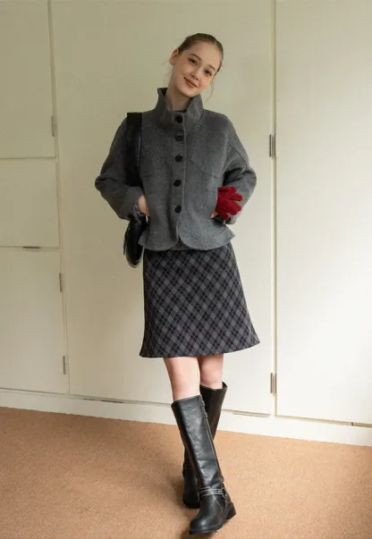 Stand Collar A-line Waist Cinching Cropped Double-Faced Coat