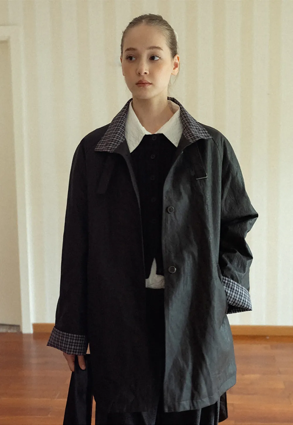 Stand Collar Mid-Length Coat with Plaid Splice and Belt