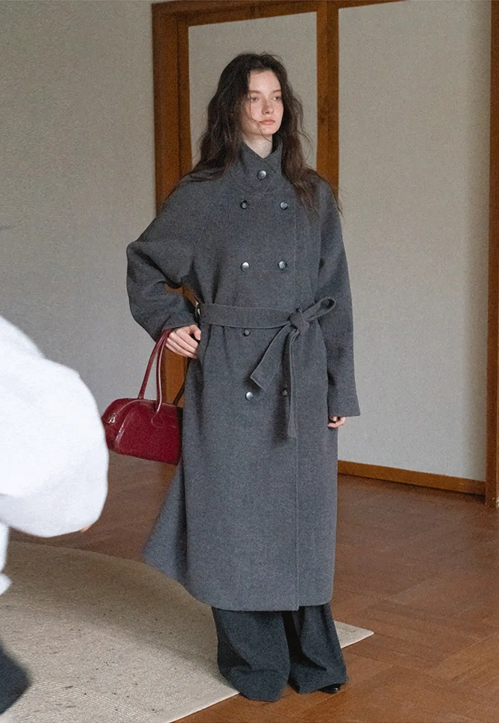 Women Classic Wool Coat with Button Details and Waist Belt