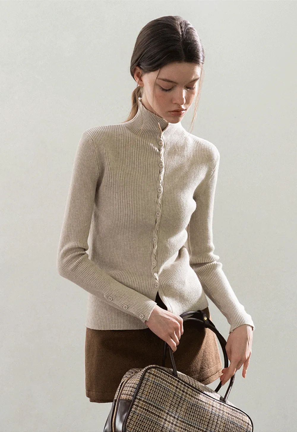 Stand-Collar Twist Button Knit Top