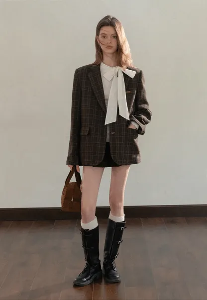 Women Classic Plaid Blazer Jacket for Office Wear