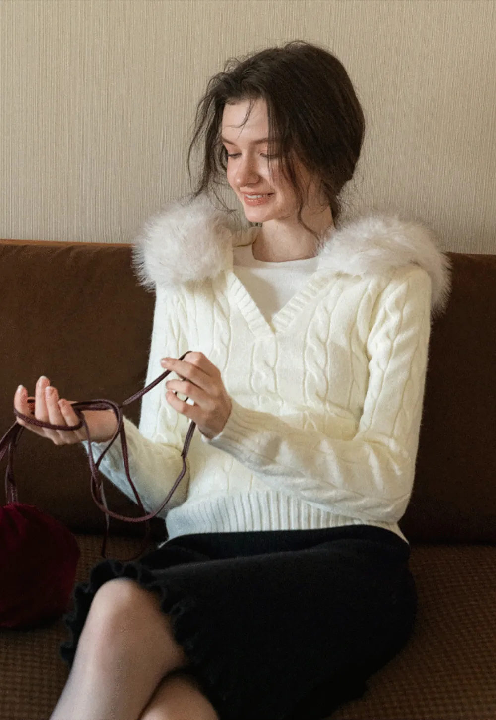 Faux Fur Collar Cable-Knit Sweater