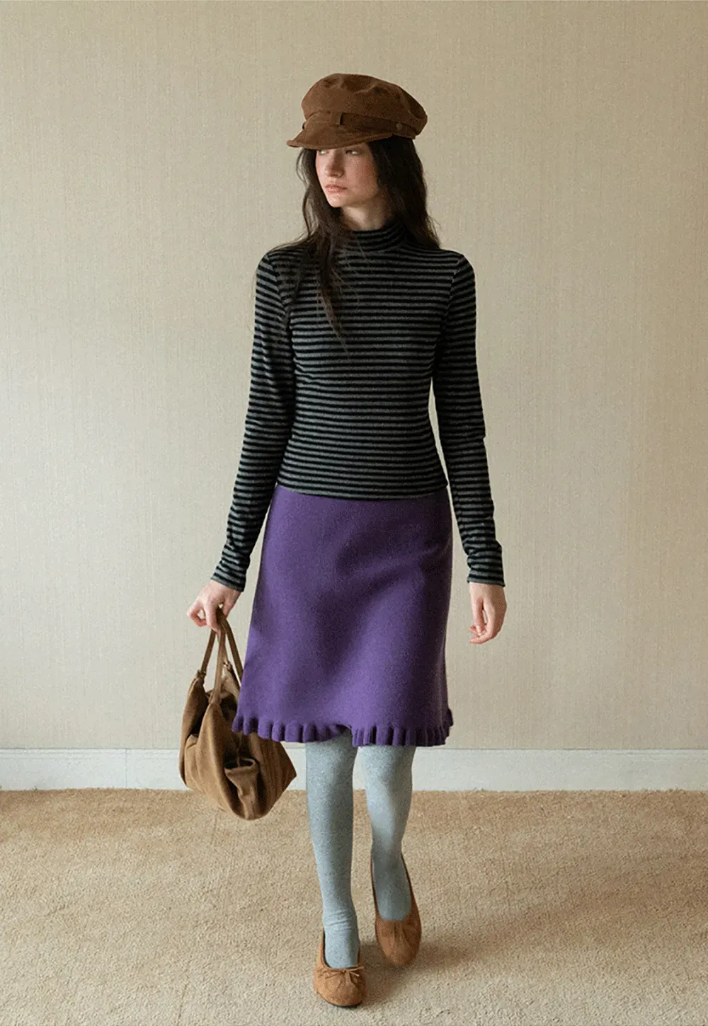 Striped Mock Neck Slim Long Sleeve Tee