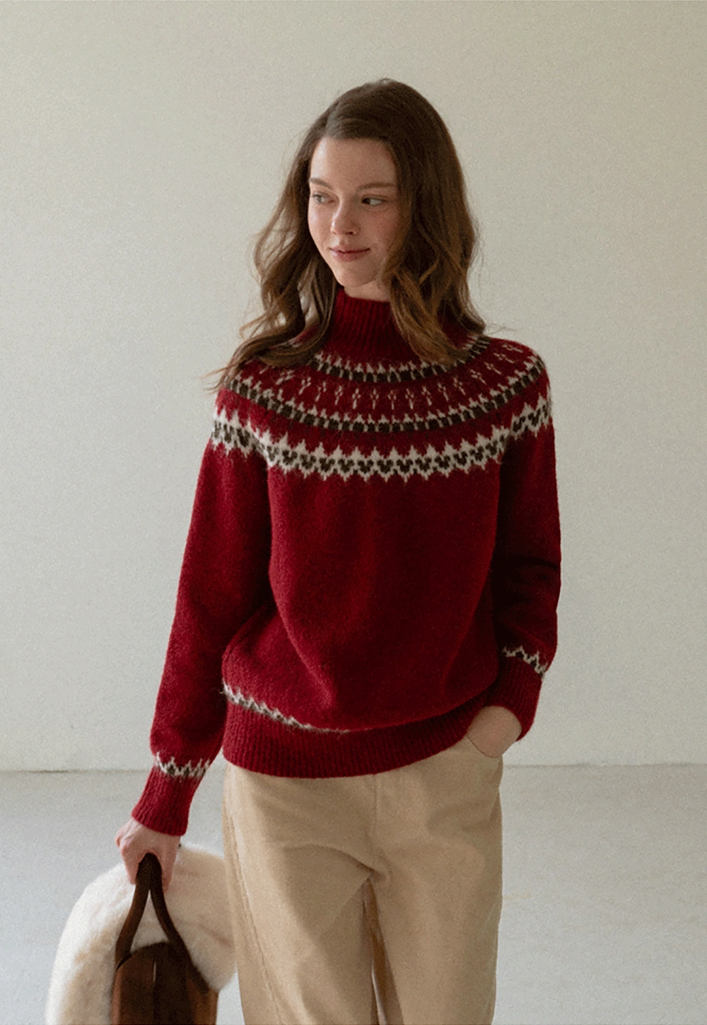 Red Knit Sweater with Fair Isle Pattern