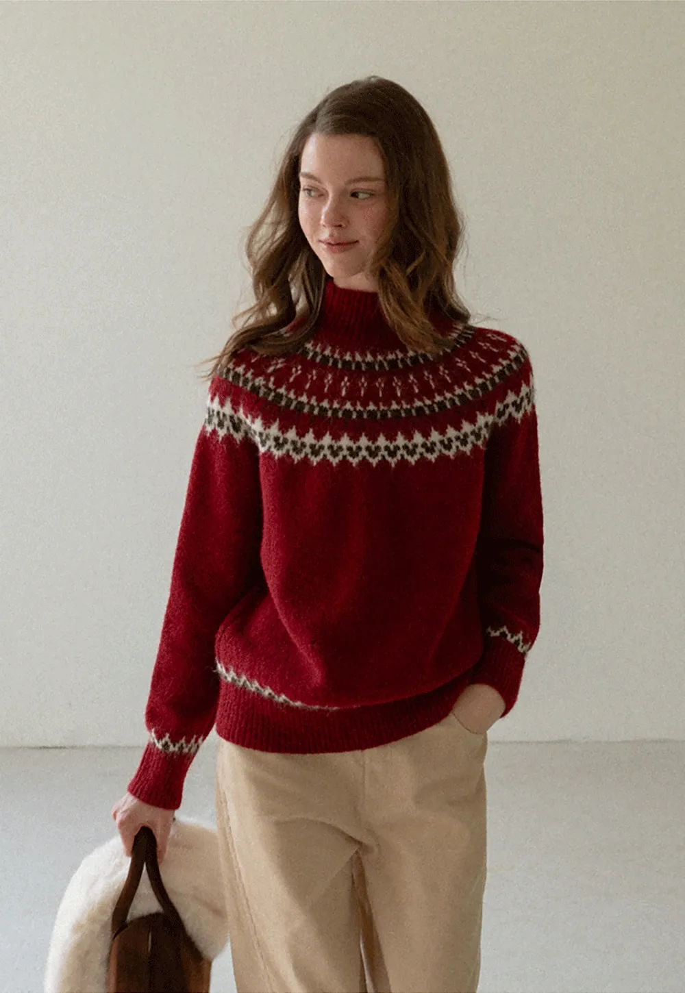 Red Knit Sweater with Fair Isle Pattern