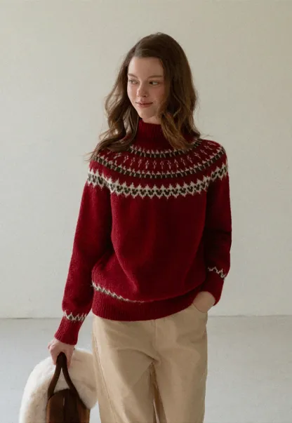 Red Knit Sweater with Fair Isle Pattern