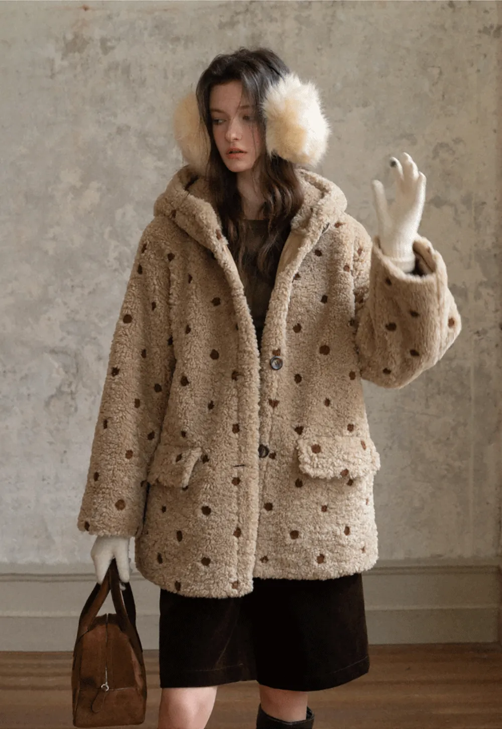 Polka Dot Teddy Fleece Hooded Coat