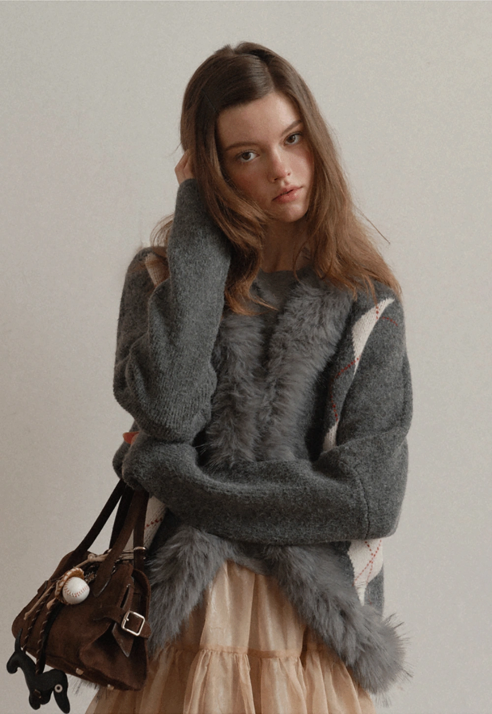 Patterned Sweater Cardigan with Fur Trim