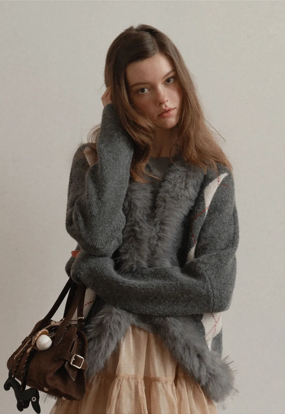 Patterned Sweater Cardigan with Fur Trim