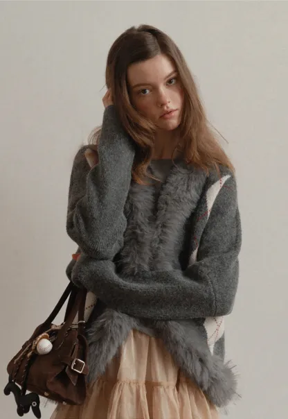 Patterned Sweater Cardigan with Fur Trim