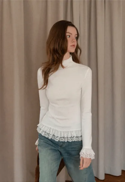 Women White Lace Trim Mock Neck Long Sleeve Top