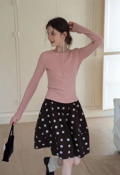 Women Soft Henley Knit Long Sleeve