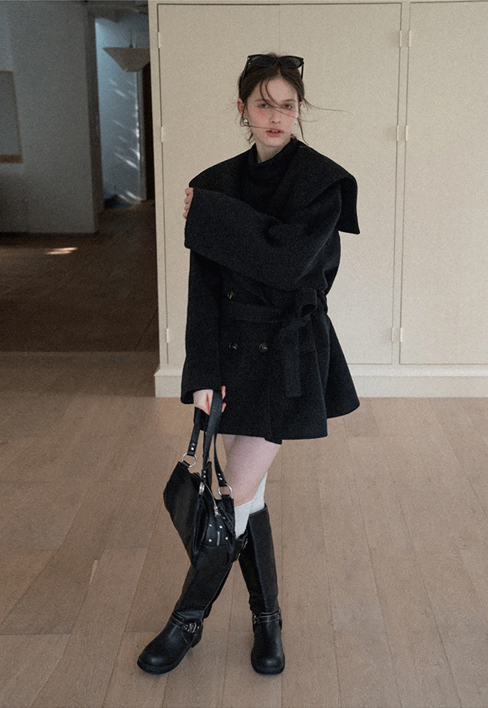 Cozy Black Oversized Coat with Knee-High Boots