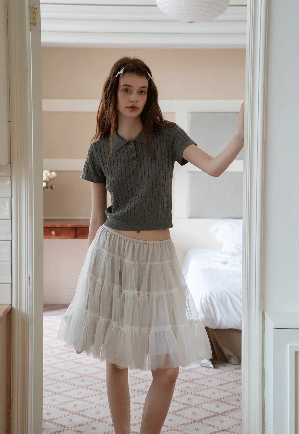 Women's Grey Ribbed Polo Shirt with Short Sleeves